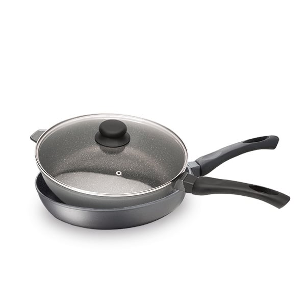 Lot poêle et sauteuse revêtement Dur comme la pierre 28 cm et couvercle en verre Mathon - Mathon - 1