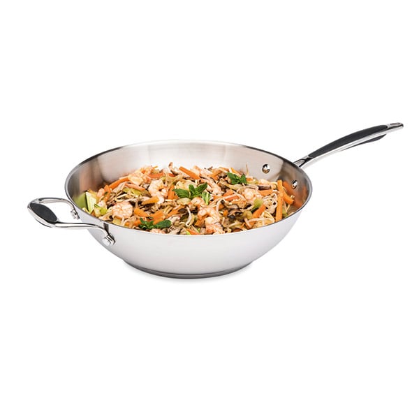 Lot wok tout inox et couvercle verre 30 cm Excell