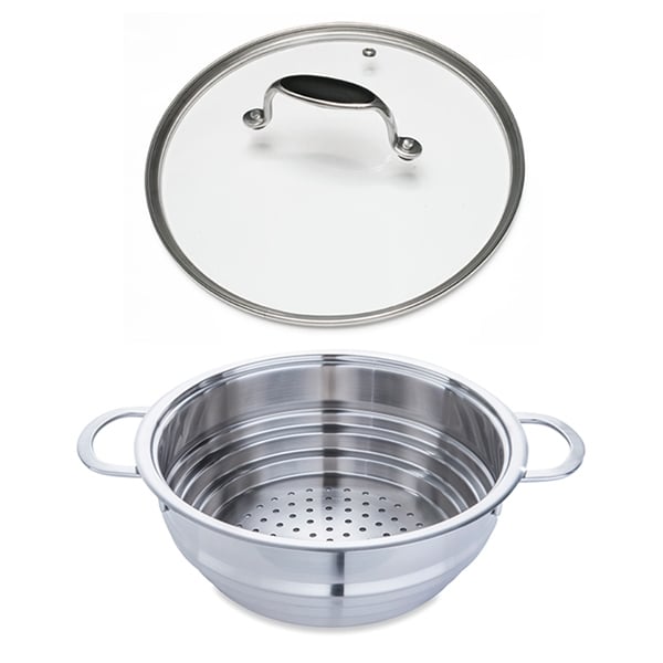 Lot panier vapeur multidiamètre et couvercle en verre Excell