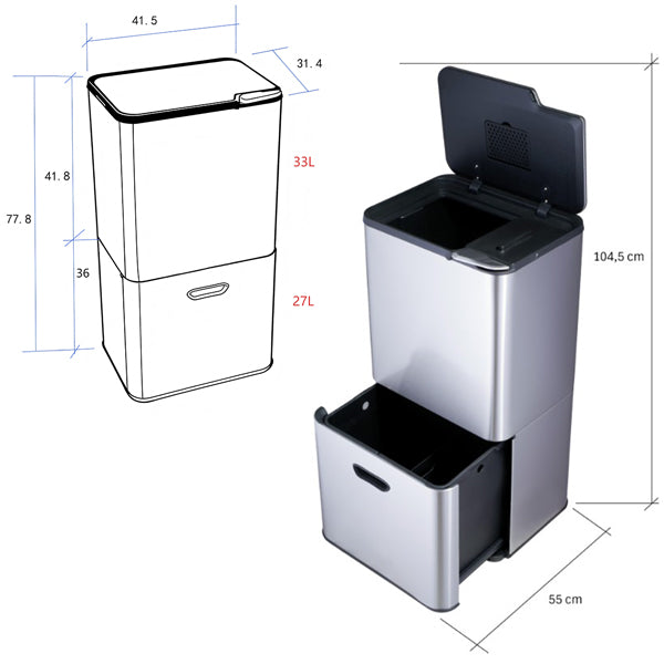 Poubelle de cuisine 3 bacs de tri sélectif 63 L inox Mathon - Mathon - 4