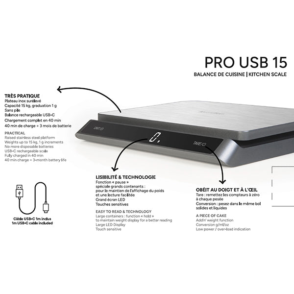 Balance de cuisine digitale inox Pro USB 15 kg Terraillon - Mathon - 2